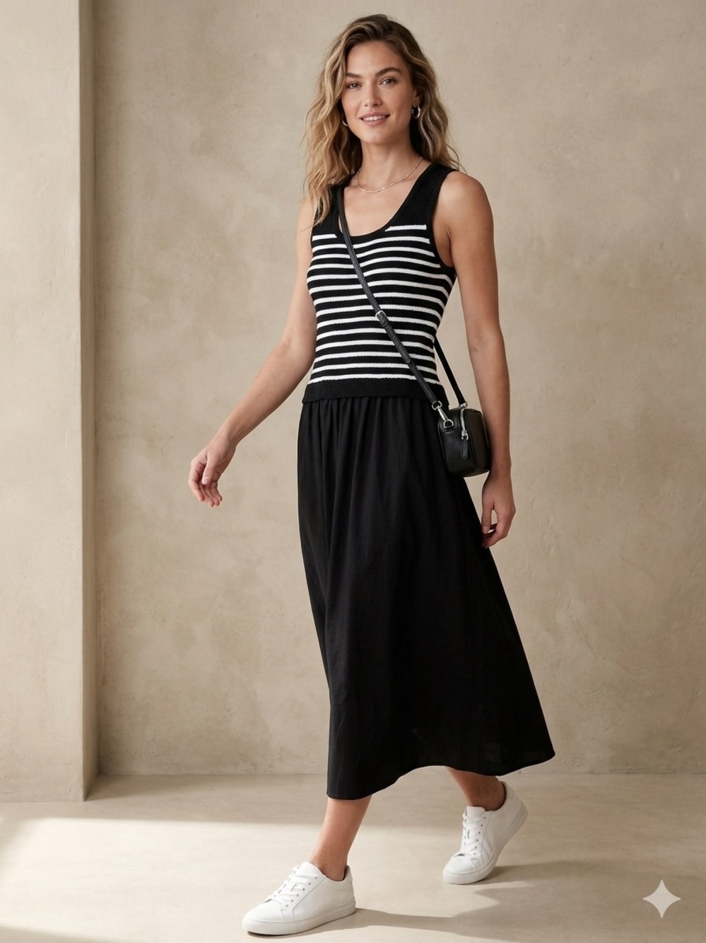 Women’s SM Taylor boutique Black Striped Knit Tank Midi Dress Sleeveless Cotton